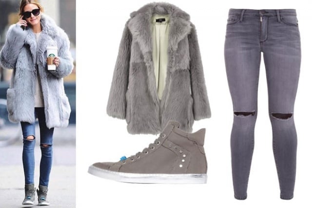 Olivia Palermo - Black Orchid Denim  $139 - Max&Co. Sneakers - Tibi Fur Coat $3,200