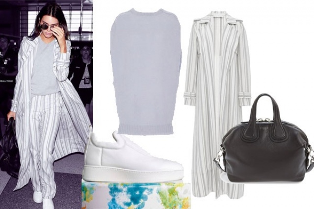Kendall Jenner - Céline Shoes $720 - Givenchy Bag $2,190 - Sally Lapointe stripes coat - Sally Lapointe sweater