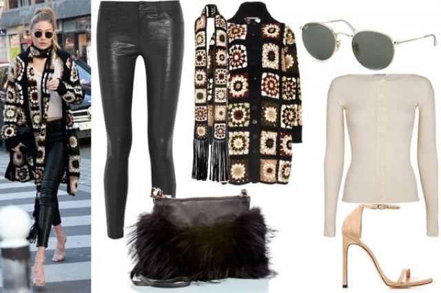 Gigi Hadid - Emm Kuo Bag $380 - Helmut Lang Top $425 - J Brand Pants $1,000 - Ray-Ban Sunglasses $138 - Rosetta Getty Cardigan - Rosetta Getty Scarf - Stuart Weitzman Sandal $398